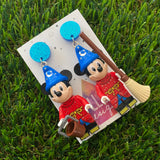 Wizard Mouse Brick Character Dangle Earrings - Featuring a Glittery Blue Top and Broom and Bucket Accessory!