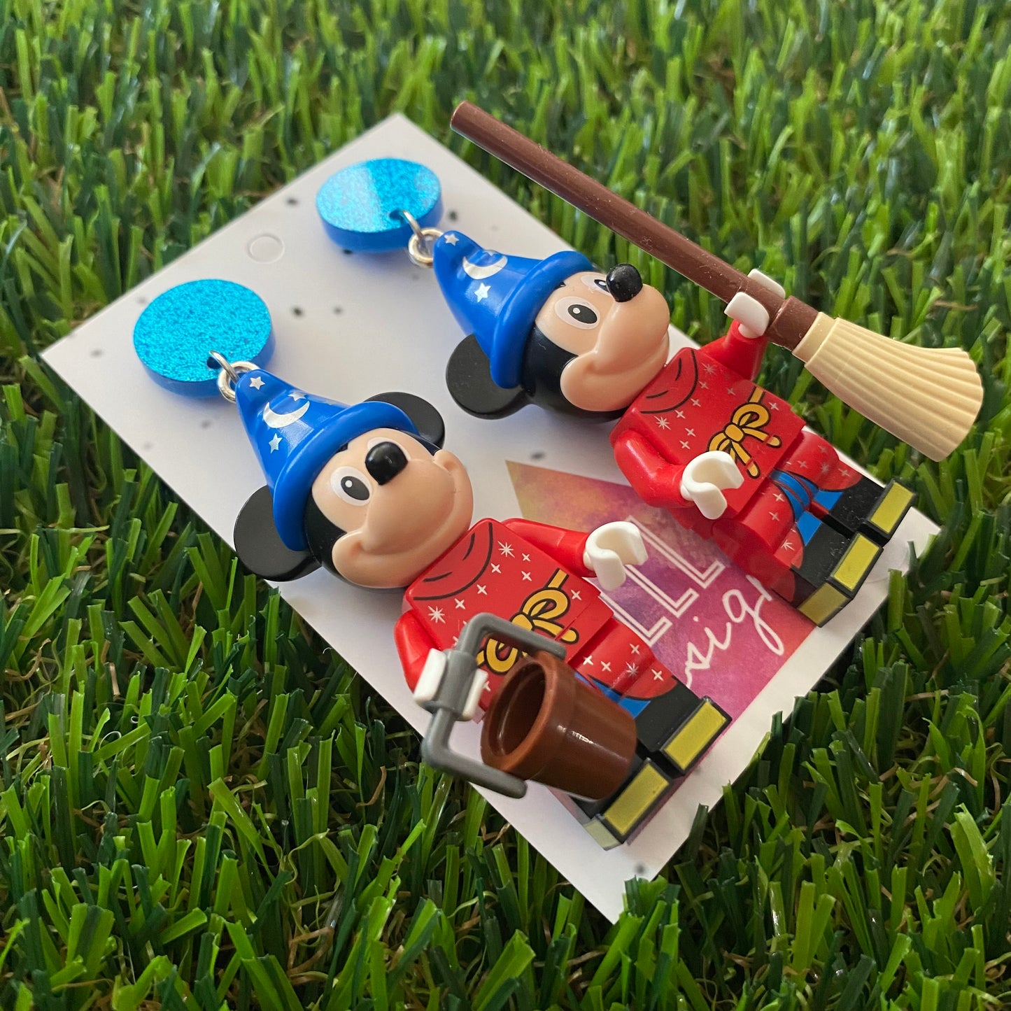 Wizard Mouse Brick Character Dangle Earrings - Featuring a Glittery Blue Top and Broom and Bucket Accessory!