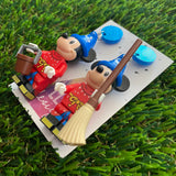 Wizard Mouse Brick Character Dangle Earrings - Featuring a Glittery Blue Top and Broom and Bucket Accessory!