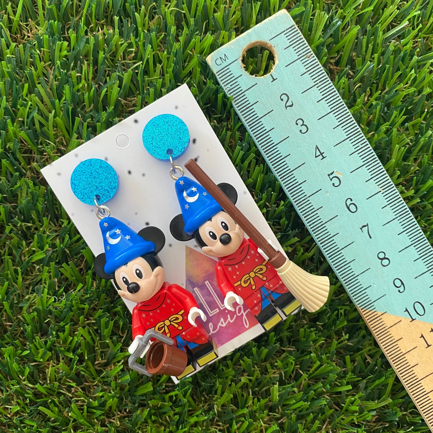 Wizard Mouse Brick Character Dangle Earrings - Featuring a Glittery Blue Top and Broom and Bucket Accessory!