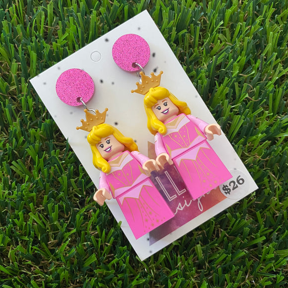 Pink Dress Princess Character Dangle Earrings - Featuring a Glittery Pink Top!