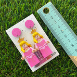 Pink Dress Princess Character Dangle Earrings - Featuring a Glittery Pink Top!