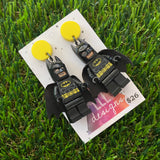 Black Caped Super Hero Brick Character Dangle Earrings - Featuring a Yellow Top!