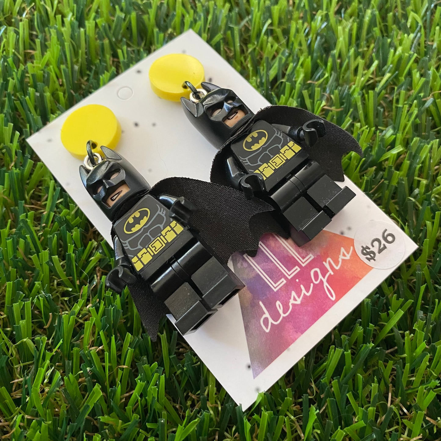 Black Caped Super Hero Brick Character Dangle Earrings - Featuring a Yellow Top!