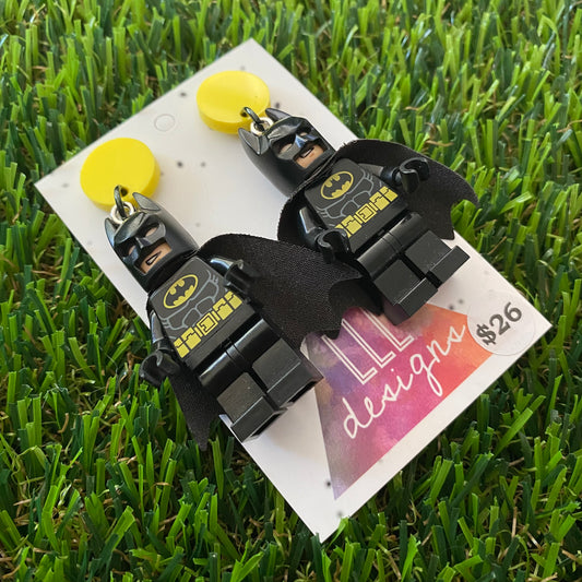 Black Caped Super Hero Brick Character Dangle Earrings - Featuring a Yellow Top!