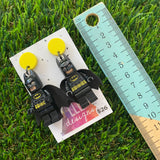 Black Caped Super Hero Brick Character Dangle Earrings - Featuring a Yellow Top!