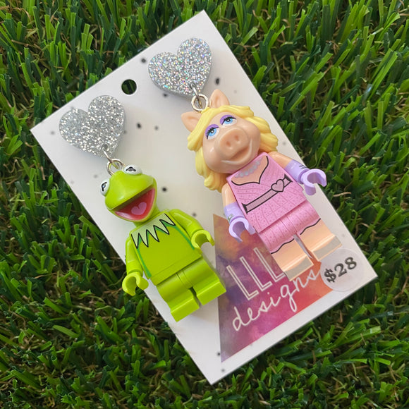 Frog and Pig Duo Brick Character Dangle Earrings - Featuring a Glittery Silver Heart Shaped Top!