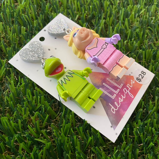 Frog and Pig Duo Brick Character Dangle Earrings - Featuring a Glittery Silver Heart Shaped Top!