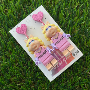 Girl Pig Brick Character Dangle Earrings - Featuring a Glittery Pink Heart Shaped Top!