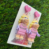 Girl Pig Brick Character Dangle Earrings - Featuring a Glittery Pink Heart Shaped Top!