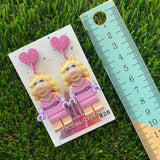 Girl Pig Brick Character Dangle Earrings - Featuring a Glittery Pink Heart Shaped Top!