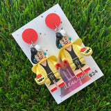 Black and White Haired Villain Brick Character Dangle Earrings - Featuring a Glittery Red Top!