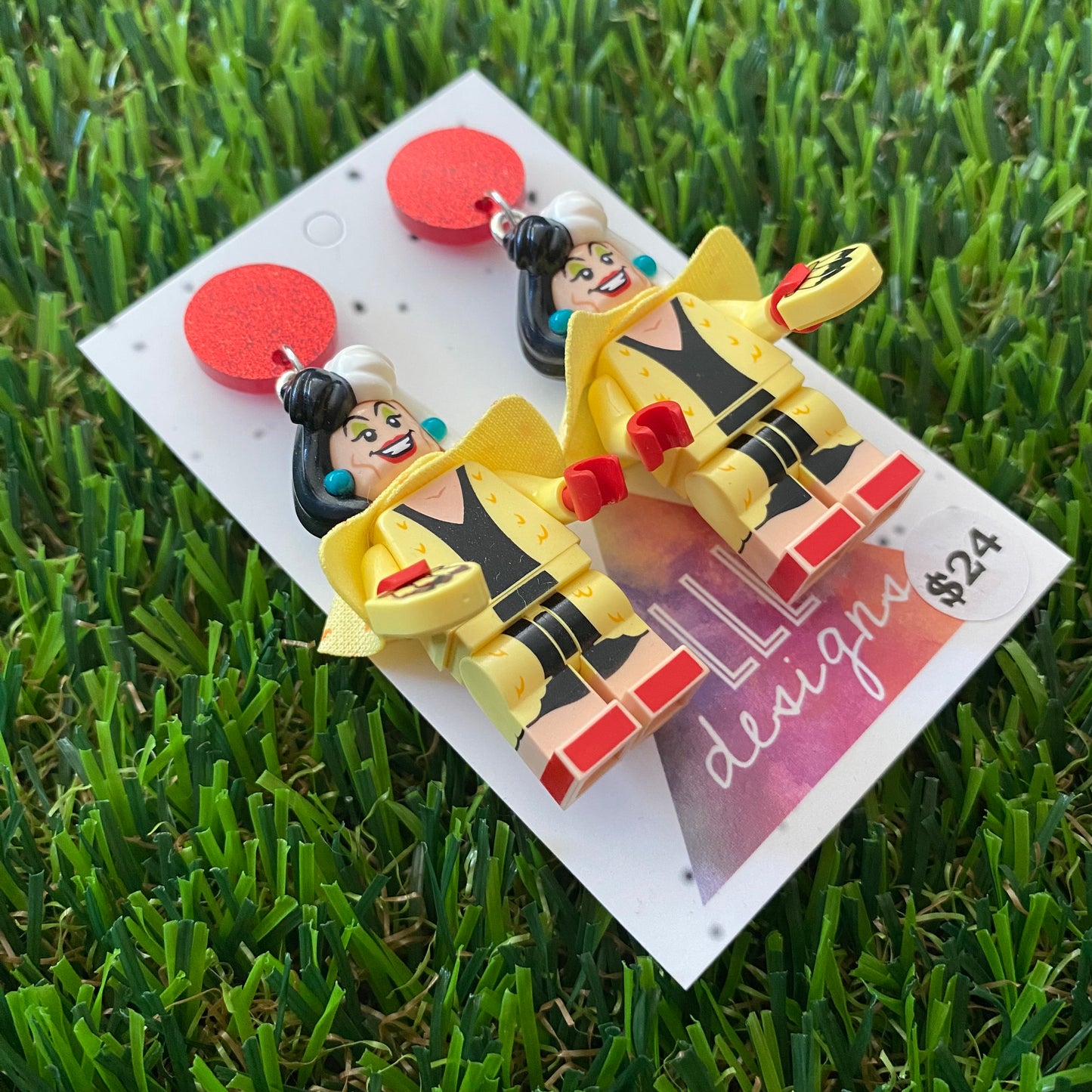 Black and White Haired Villain Brick Character Dangle Earrings - Featuring a Glittery Red Top!