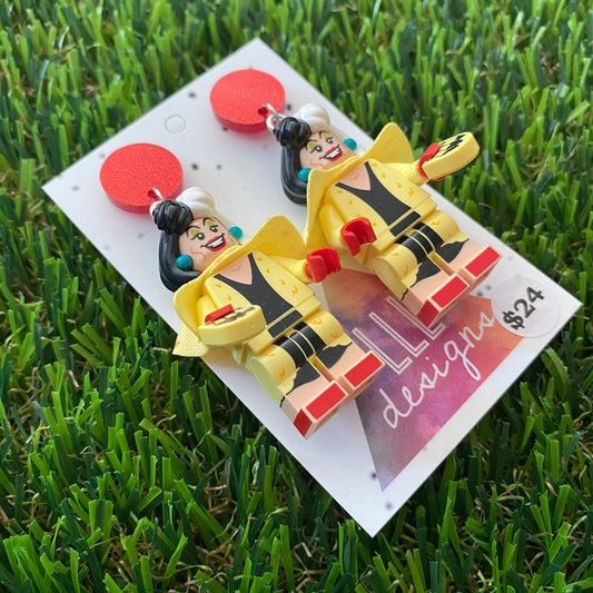 Black and White Haired Villain Brick Character Dangle Earrings - Featuring a Glittery Red Top!