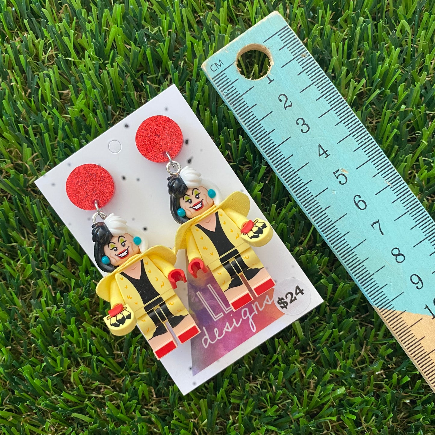 Black and White Haired Villain Brick Character Dangle Earrings - Featuring a Glittery Red Top!