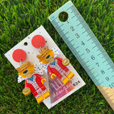 ﻿Royal Lion Brick Character Dangle Earrings - Featuring a Glittery Red Top and Gold Accessory!