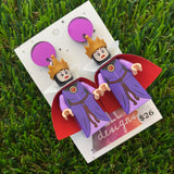 Purple Villain Queen Brick Character Dangle Earrings - Featuring a Purple Mirror Top!