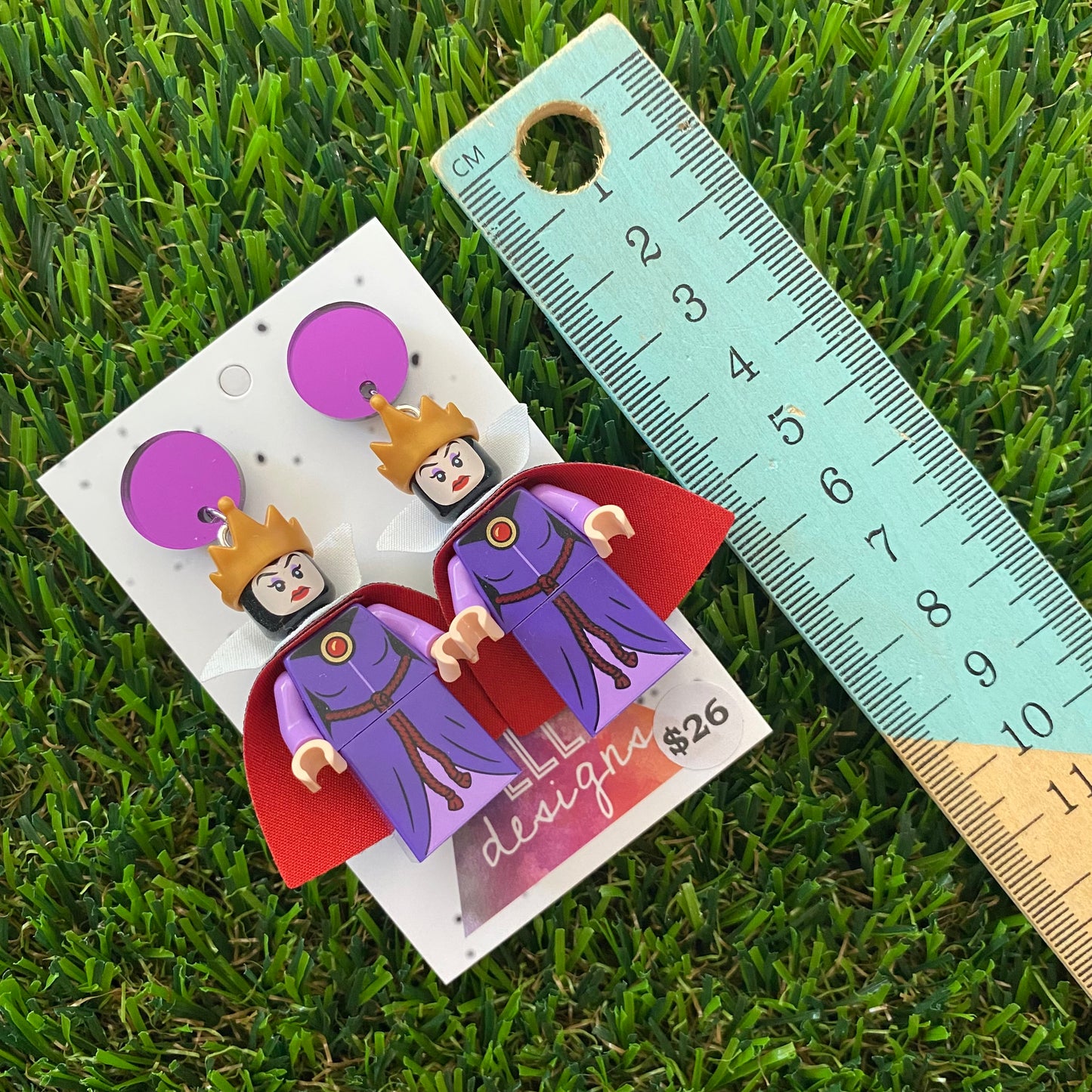 Purple Villain Queen Brick Character Dangle Earrings - Featuring a Purple Mirror Top!