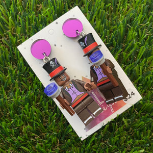 Witch Doctor Brick Character Dangle Earrings - Featuring a Purple Mirror Top and Talisman Accessory!