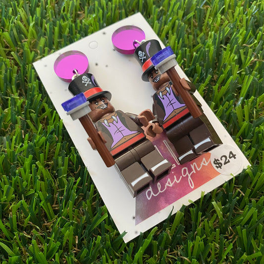 Witch Doctor Brick Character Dangle Earrings - Featuring a Purple Mirror Top and Talisman Accessory!