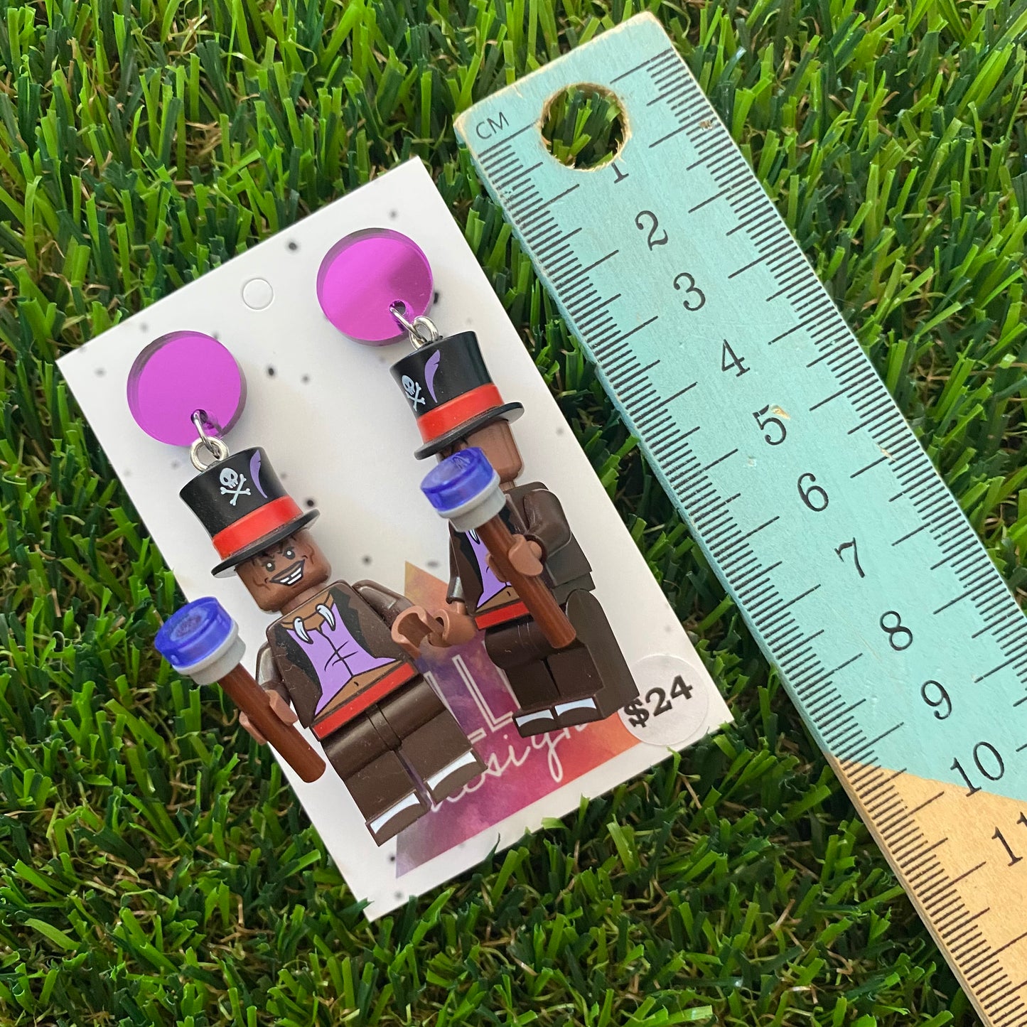 Witch Doctor Brick Character Dangle Earrings - Featuring a Purple Mirror Top and Talisman Accessory!