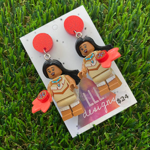 Native American Princess Brick Character Dangle Earrings - Featuring a Glittery Red Top and Flower Accessory!