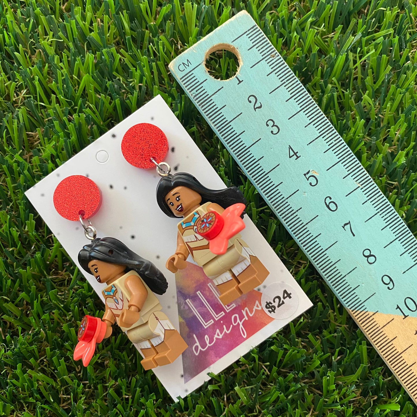 Native American Princess Brick Character Dangle Earrings - Featuring a Glittery Red Top and Flower Accessory!