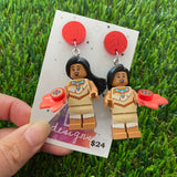 Native American Princess Brick Character Dangle Earrings - Featuring a Glittery Red Top and Flower Accessory!