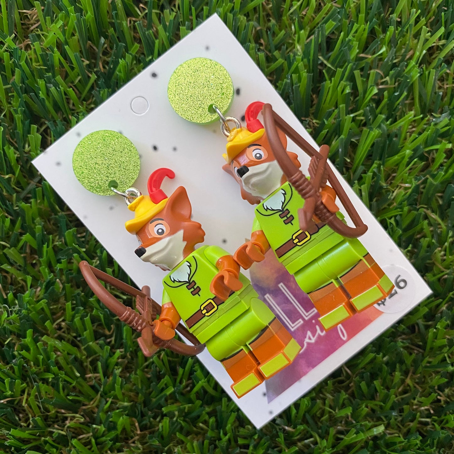 Fox with Bow and Arrow Brick Character Dangle Earrings - Featuring a Glittery Green Top and Acessories!