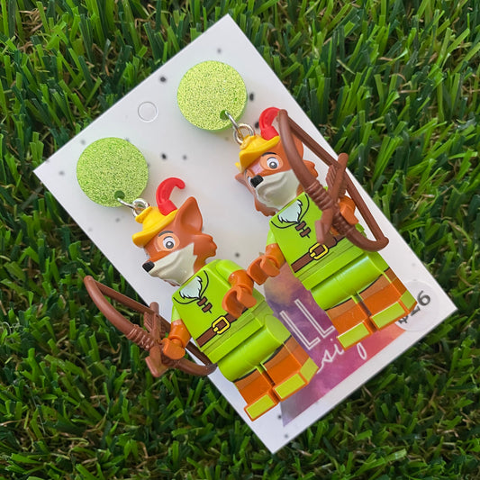 Fox with Bow and Arrow Brick Character Dangle Earrings - Featuring a Glittery Green Top and Acessories!