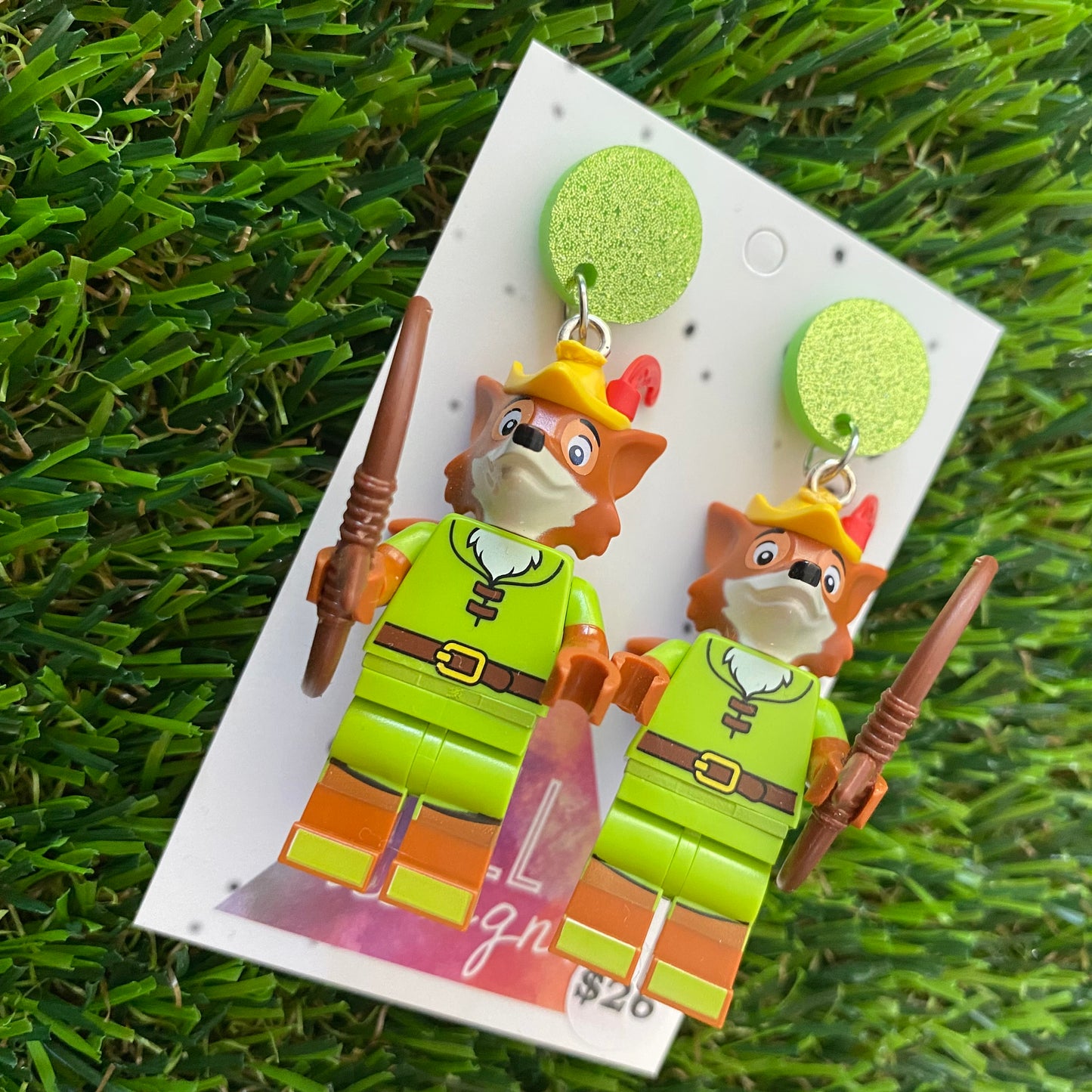 Fox with Bow and Arrow Brick Character Dangle Earrings - Featuring a Glittery Green Top and Acessories!