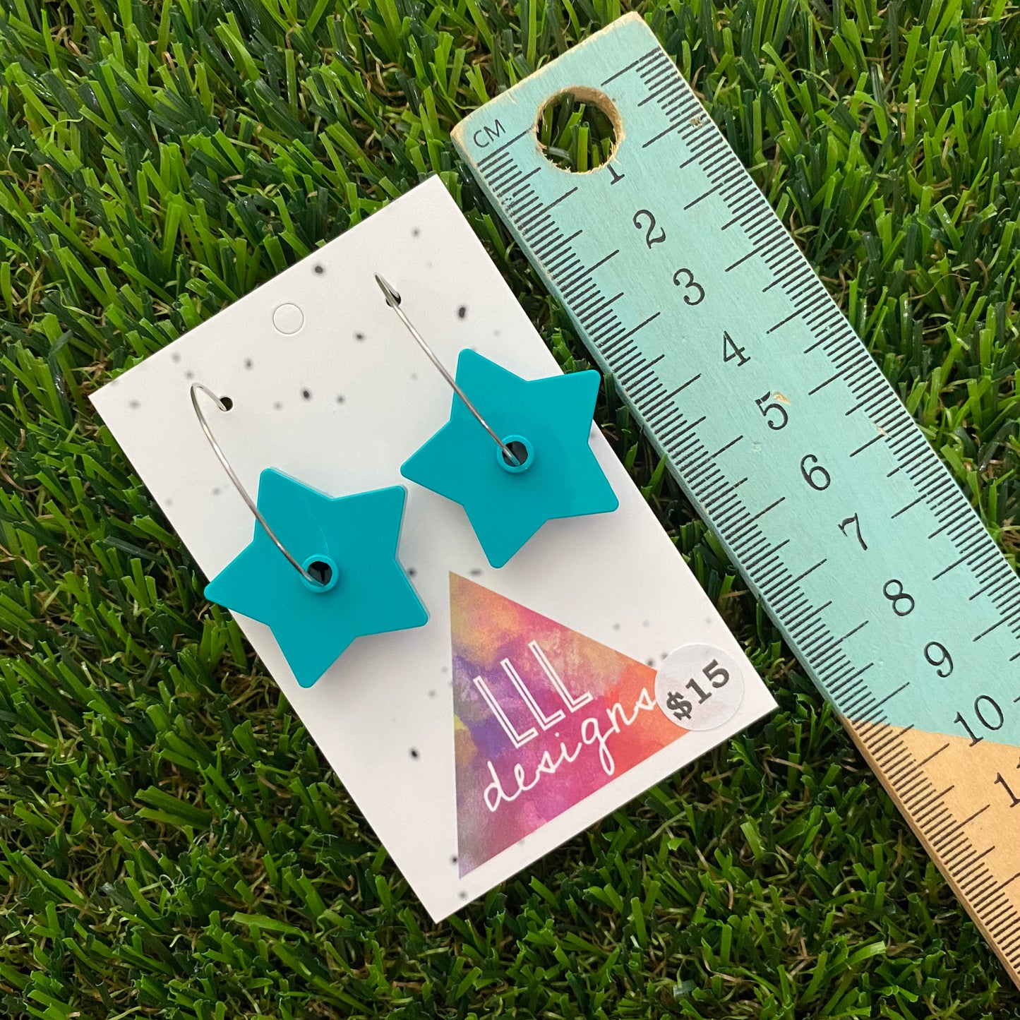 Star Earrings - Teal Star Brick Hoop Dangle Earrings. Adding a Pop of Colour to your Outfit!