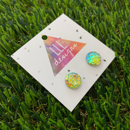 Holographic Iridescent Light Green Mermaid Scale Stud Earrings - Magical Earrings!