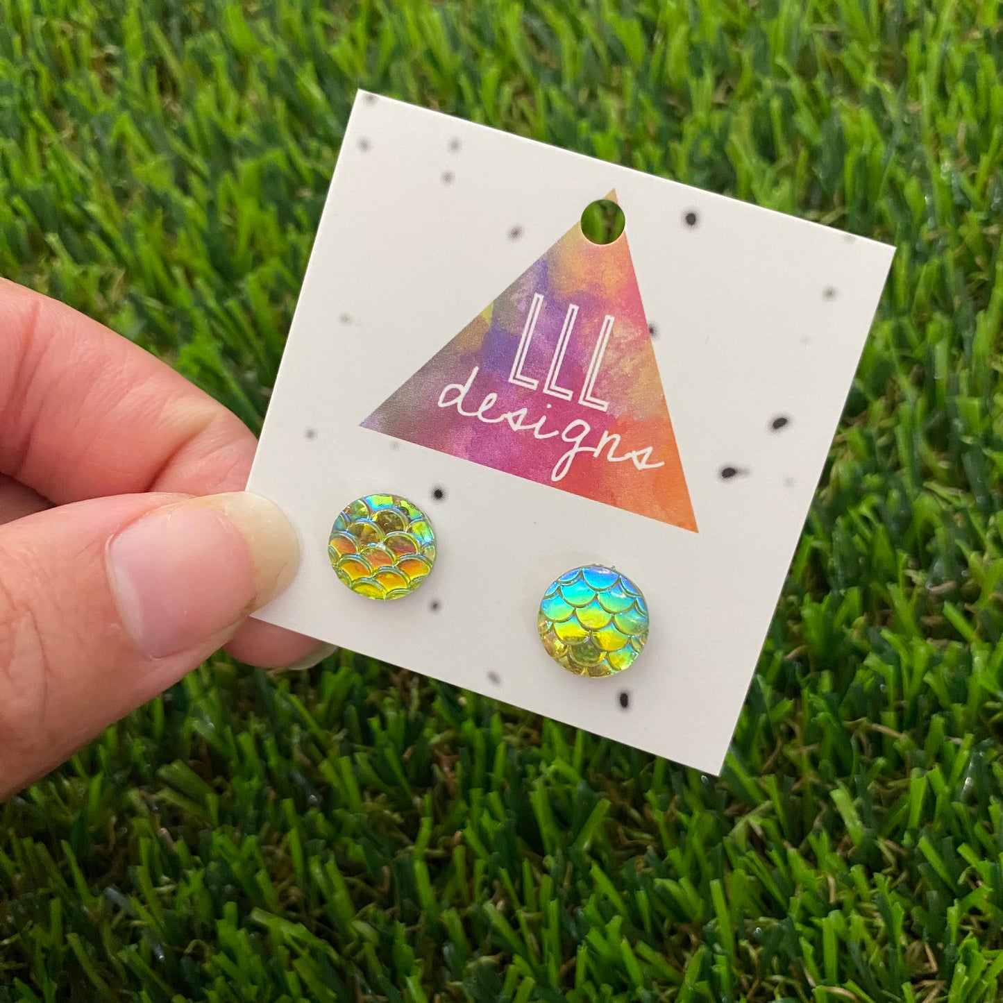 Holographic Iridescent Light Green Mermaid Scale Stud Earrings - Magical Earrings!