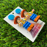 Cow Boy Brick Character Dangle Earrings - Featuring a Glittery Blue Top!