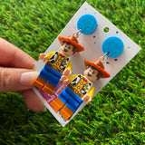 Cow Boy Brick Character Dangle Earrings - Featuring a Glittery Blue Top!