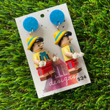 Puppet Boy Brick Character Dangle Earrings - Featuring a Glittery Blue Top!