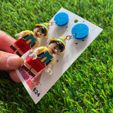 Puppet Boy Brick Character Dangle Earrings - Featuring a Glittery Blue Top!