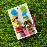 Puppet Boy and Cricket Brick Duo Character Dangle Earrings - Featuring a Glittery Blue and Green Top!