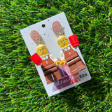 Barista Girl Brick Character Dangle Earrings - Featuring a Glittery Coffee Bean Top!