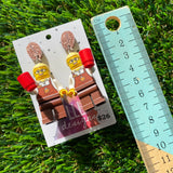 Barista Girl Brick Character Dangle Earrings - Featuring a Glittery Coffee Bean Top!