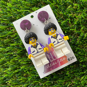 Disco Man Brick Character Dangle Earrings - Featuring a Shimmering Purple Top!