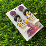 Disco Man Brick Character Dangle Earrings - Featuring a Shimmering Purple Top!