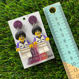 Disco Man Brick Character Dangle Earrings - Featuring a Shimmering Purple Top!