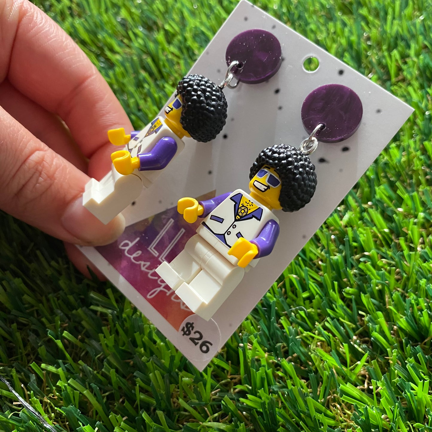 Disco Man Brick Character Dangle Earrings - Featuring a Shimmering Purple Top!