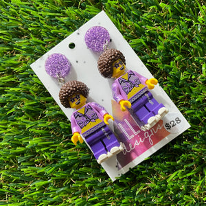 Rollerskating Disco Man Brick Character Dangle Earrings - Featuring a Glittery Purple Top!