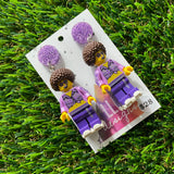 Rollerskating Disco Man Brick Character Dangle Earrings - Featuring a Glittery Purple Top!