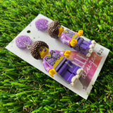 Rollerskating Disco Man Brick Character Dangle Earrings - Featuring a Glittery Purple Top!