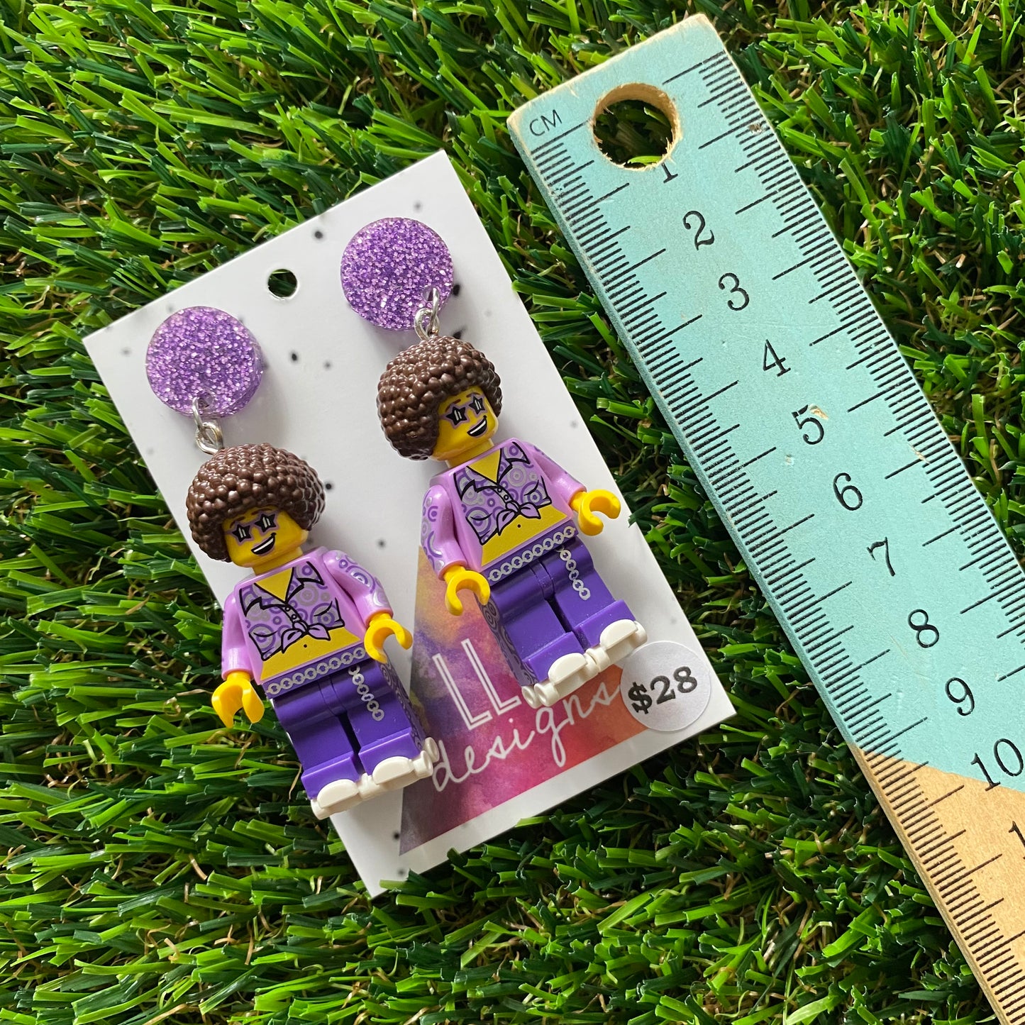 Rollerskating Disco Man Brick Character Dangle Earrings - Featuring a Glittery Purple Top!