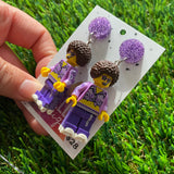 Rollerskating Disco Man Brick Character Dangle Earrings - Featuring a Glittery Purple Top!